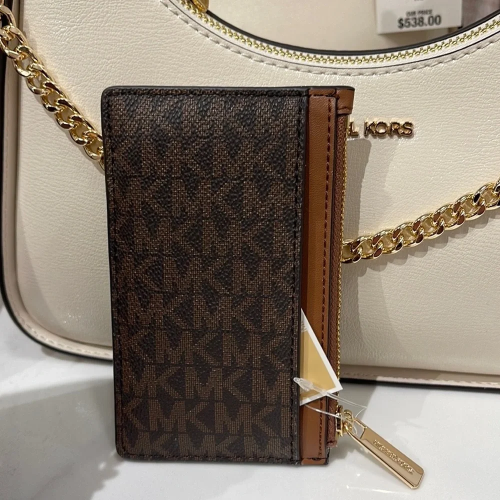Michael Kors Jet Set Travel Medium Top Zip Card Case Wallet PVC Leathr Brown NWT